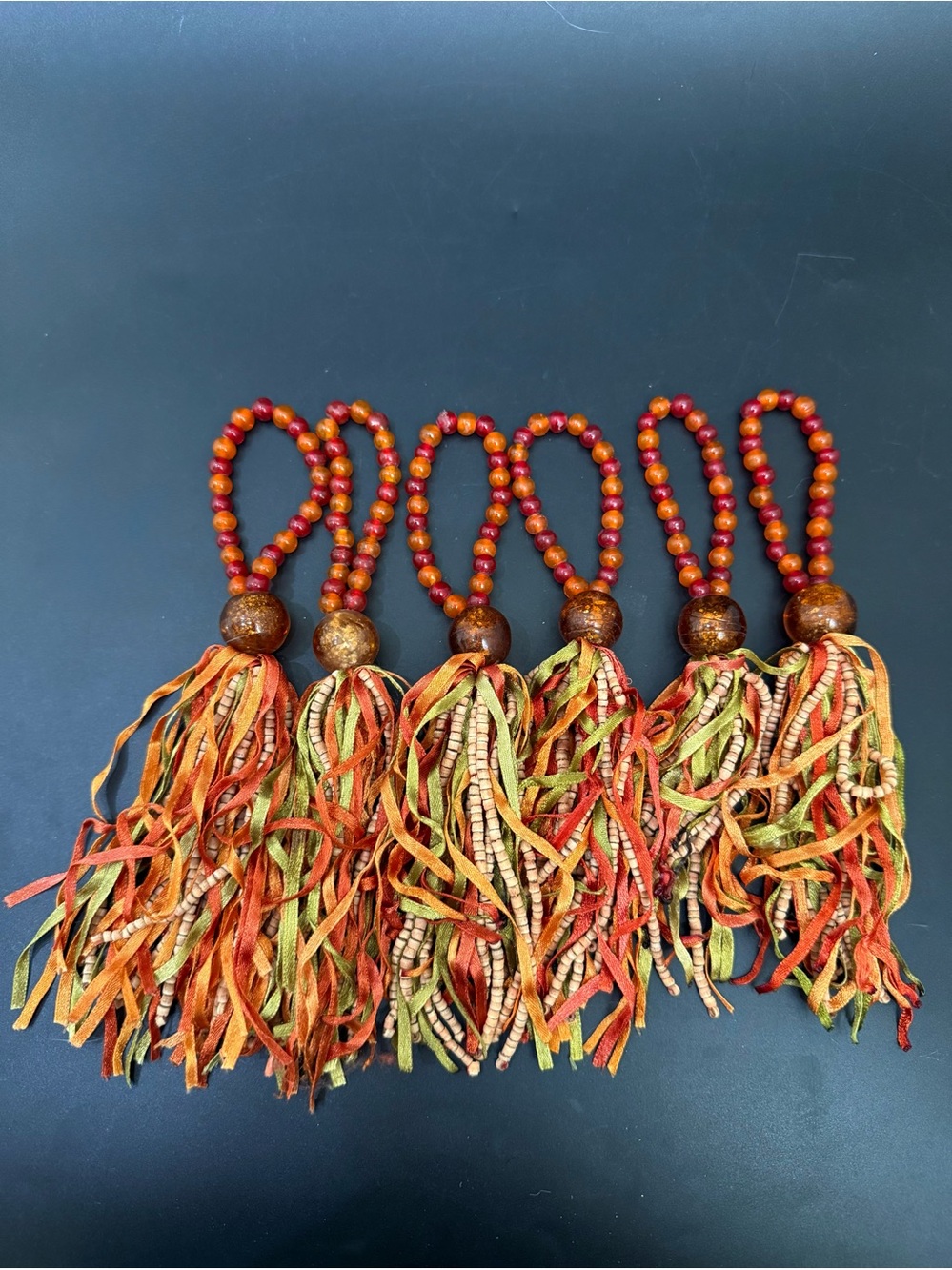 Lot 6 PIER 1 Orange Bead Tassel Fringe Napkin Rings